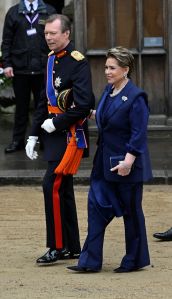 Grand-Duke Henri of Luxembourg and Grand-Duchess Maria Teresa arrive at Westminster Abbey in central London on May 6, 2023, ahead of the coronations of Britain's King Charles III and Britain's Camilla, Queen Consort. - The set-piece coronation is the first in Britain in 70 years, and only the second in history to be televised. Charles will be the 40th reigning monarch to be crowned at the central London church since King William I in 1066. Outside the UK, he is also king of 14 other Commonwealth countries, including Australia, Canada and New Zealand. Camilla, his second wife, will be crowned queen alongside him, and be known as Queen Camilla after the ceremony. (Photo by TOBY MELVILLE / POOL / AFP) (Photo by TOBY MELVILLE/POOL/AFP via Getty Images)