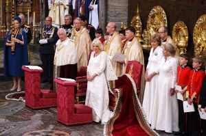 Britain's King Charles III and Britain's Camilla, Queen Consort stand after entering Westminster Abbey through the Great West Door, in central London on May 6, 2023, ahead of their coronations. - The set-piece coronation is the first in Britain in 70 years, and only the second in history to be televised. Charles will be the 40th reigning monarch to be crowned at the central London church since King William I in 1066. Outside the UK, he is also king of 14 other Commonwealth countries, including Australia, Canada and New Zealand. Camilla, his second wife, will be crowned queen alongside him and be known as Queen Camilla after the ceremony. (Photo by Yui Mok / POOL / AFP) (Photo by YUI MOK/POOL/AFP via Getty Images)