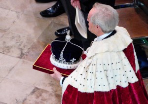 Charles Wellesley, Duke of Wellington, carries Queen Mary's Crown at Westminster Abbey in central London during the coronation of Britain's King Charles III and Britain's Camilla, on May 6, 2023. - The set-piece coronation is the first in Britain in 70 years, and only the second in history to be televised. Charles will be the 40th reigning monarch to be crowned at the central London church since King William I in 1066. Outside the UK, he is also king of 14 other Commonwealth countries, including Australia, Canada and New Zealand. Camilla, his second wife, will be crowned queen alongside him and be known as Queen Camilla after the ceremony. (Photo by Ben Birchall / POOL / AFP) (Photo by BEN BIRCHALL/POOL/AFP via Getty Images)