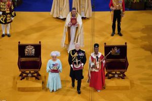 The Orb, the Sceptre with Dove and the Imperial State Crown are brought to the thrones ahead of the coronations of Britain's King Charles III and Britain's Camilla, Queen Consort at Westminster Abbey in central London on May 6, 2023. - The set-piece coronation is the first in Britain in 70 years, and only the second in history to be televised. Charles will be the 40th reigning monarch to be crowned at the central London church since King William I in 1066. Outside the UK, he is also king of 14 other Commonwealth countries, including Australia, Canada and New Zealand. Camilla, his second wife, will be crowned queen alongside him and be known as Queen Camilla after the ceremony. (Photo by Andrew Matthews / POOL / AFP) (Photo by ANDREW MATTHEWS/POOL/AFP via Getty Images)