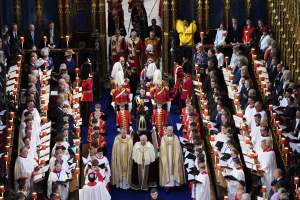Britain's King Charles III arrives at Westminster Abbey, in central London on May 6, 2023, for his coronation. - The set-piece coronation is the first in Britain in 70 years, and only the second in history to be televised. Charles will be the 40th reigning monarch to be crowned at the central London church since King William I in 1066. Outside the UK, he is also king of 14 other Commonwealth countries, including Australia, Canada and New Zealand. Camilla, his second wife, will be crowned queen alongside him and be known as Queen Camilla after the ceremony. (Photo by Andrew Matthews / POOL / AFP) (Photo by ANDREW MATTHEWS/POOL/AFP via Getty Images)