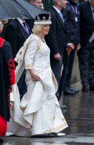 LONDON, ENGLAND - MAY 6: Queen Camilla at Westminster Abbey during the Coronation of King Charles III and Queen Camilla on May 6, 2023 in London, England. The Coronation of Charles III and his wife, Camilla, as King and Queen of the United Kingdom of Great Britain and Northern Ireland, and the other Commonwealth realms takes place at Westminster Abbey today. Charles acceded to the throne on 8 September 2022, upon the death of his mother, Elizabeth II. (Photo by Mark Cuthbert/UK Press via Getty Images)