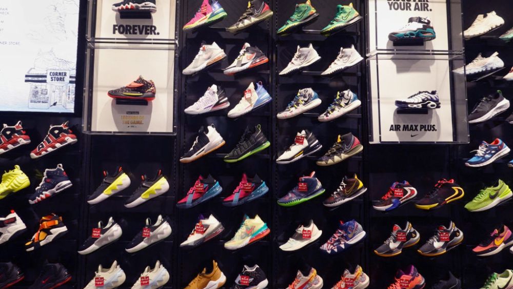 CHICAGO, ILLINOIS - AUGUST 02: Athletic footwear is offered for sale at a Foot Locker store on August 02, 2021 in Chicago, Illinois.  Foot Locker Inc. has announced plans to buy athletic retailer WSS for $750 million and Atmos, a Japan-based streetwear and sneaker company, for $360 million.  (Photo by Scott Olson/Getty Images)