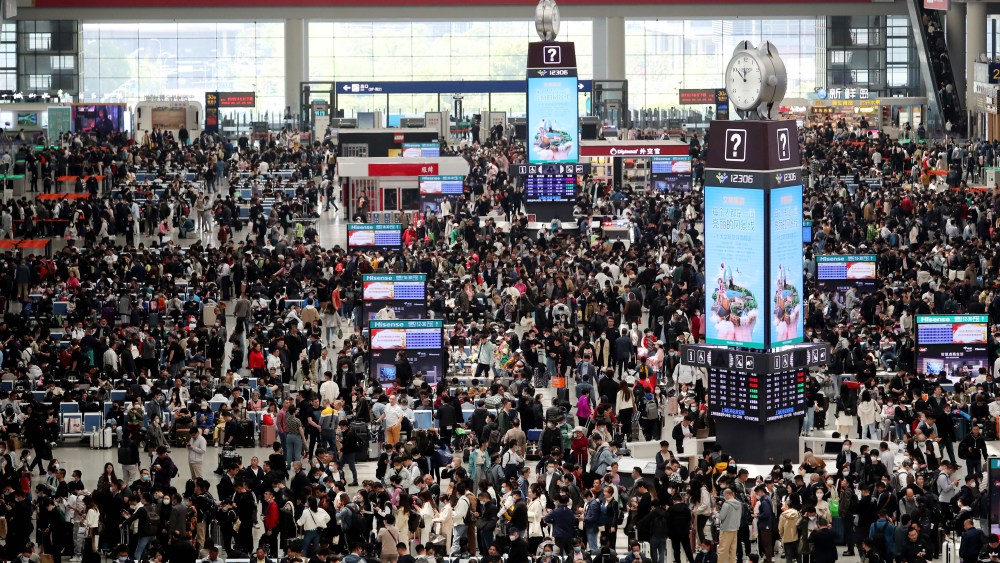 Passengers wait at Shanghai Hongqiao Railway Station ahead of May Day holiday on April 28, 2023 in Shanghai, China.