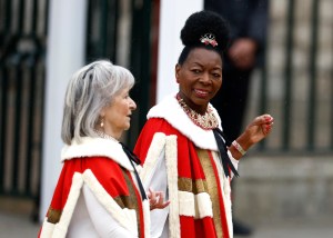 LONDON, ENGLAND - MAY 06: Baroness Dame Floella Benjamin (R), selected to carry the Sovereign’s sceptre with dove, which represents spirituality, equity and mercy arrives at Westminster Abbey ahead of the Coronation of King Charles III and Queen Camilla on May 06, 2023 in London, England. The Coronation of Charles III and his wife, Camilla, as King and Queen of the United Kingdom of Great Britain and Northern Ireland, and the other Commonwealth realms takes place at Westminster Abbey today. Charles acceded to the throne on 8 September 2022, upon the death of his mother, Elizabeth II. (Photo by Jeff J Mitchell/Getty Images)