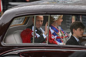 LONDON, ENGLAND - MAY 06: (L-R) Prince Edward, Duke of Edinburgh, Sophie, Duchess of Edinburgh and James Mountbatten-Windsor, Earl of Wessex attend the Coronation of King Charles III and Queen Camilla on May 06, 2023 in London, England. The Coronation of Charles III and his wife, Camilla, as King and Queen of the United Kingdom of Great Britain and Northern Ireland, and the other Commonwealth realms takes place at Westminster Abbey today. Charles acceded to the throne on 8 September 2022, upon the death of his mother, Elizabeth II. (Photo by Dan Mullan/Getty Images)