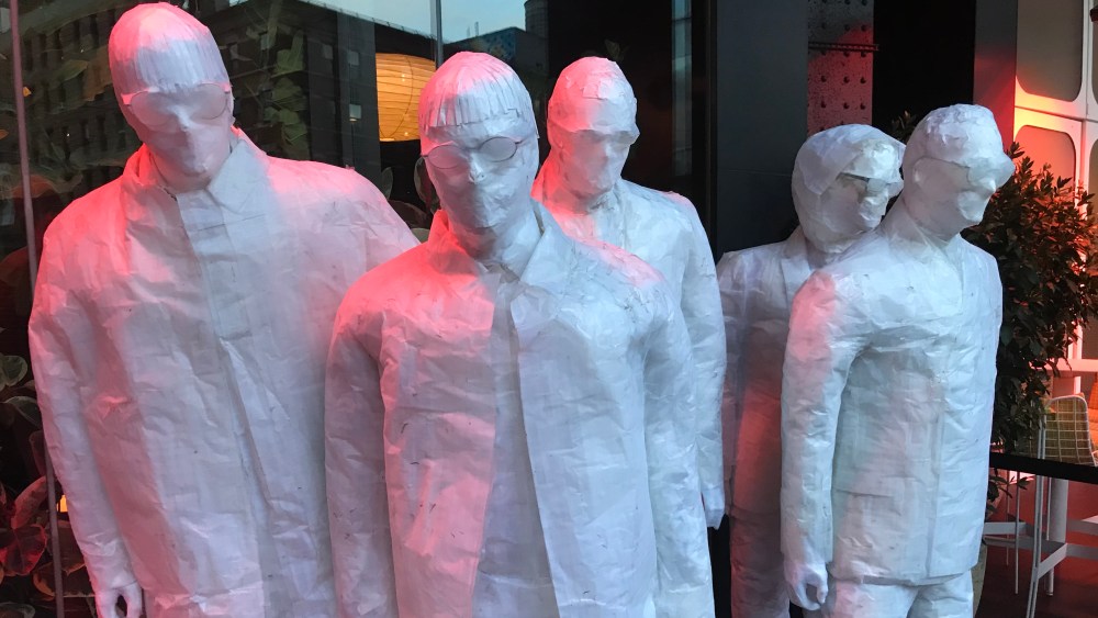 Andrew Davis made outfits out of scotch tape.