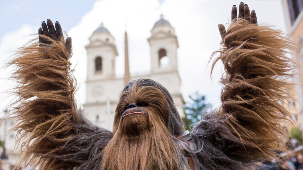 Actor impersonating the Star Wars character Chewbacca during "Star Wars Day" in Rome on May 4, 2019.