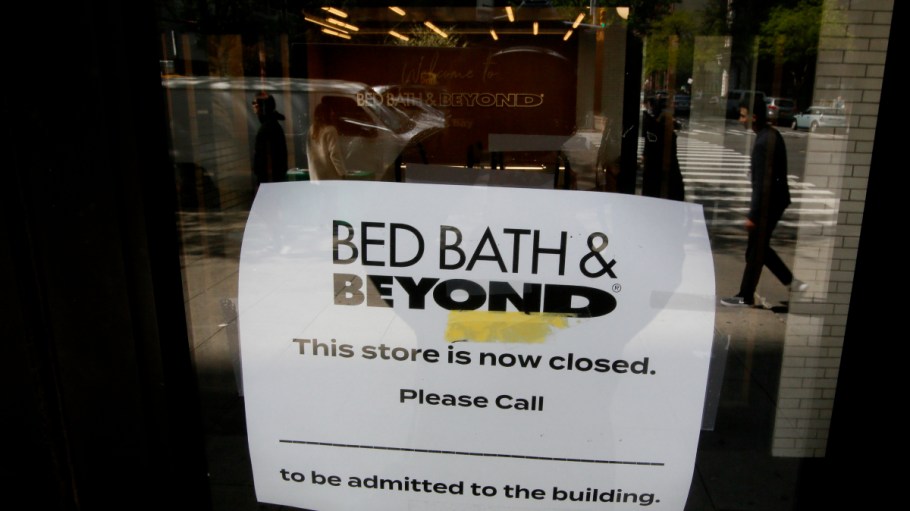 A sign at a Bed Bath & Beyond store in New York City in April 2023.