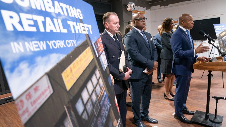 NYC Mayor Eric Adams hosts a press conference on May 17, 2023 to unveil his Combating Retail Theft plan.
