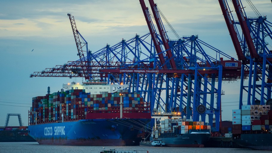 A Cosco Taurus container ship stands at the Tollerort container terminal in Hamburg Port on November 3, 2022 in Hamburg, Germany.