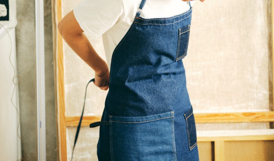 An apron made from denim overstock in Ikea's Mavinn collection.