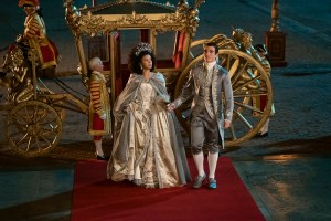 Queen Charlotte: A Bridgerton Story. (L to R) India Amarteifio as Young Queen Charlotte, Corey Mylchreest as Young King George in episode 101 of Queen Charlotte: A Bridgerton Story. Cr. Liam Daniel/Netflix © 2023