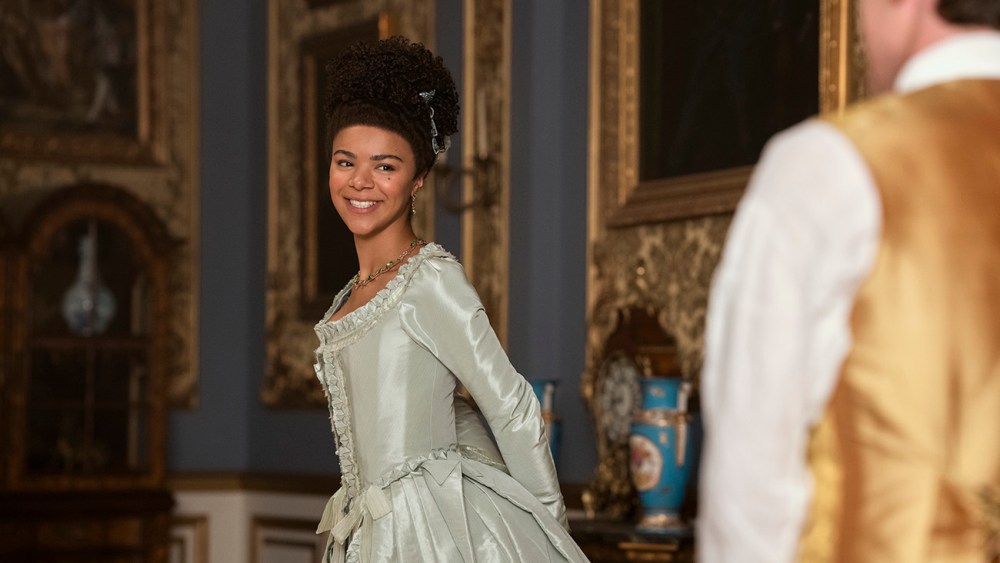 Queen Charlotte: A Bridgerton Story costumes, India Amarteifio as Young Queen Charlotte in episode 106 of Queen Charlotte: A Bridgerton Story. Cr. Nick Wall/Netflix © 2023