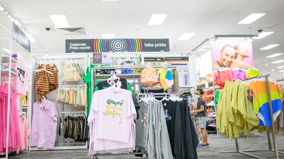 Pride-themed merchandise is displayed in a Target store on May 24, 2023 in Albuquerque, New Mexico. Target has begun removing some of its Pride Collection products, including merchandise from brand Abprallen, amid customer backlash.