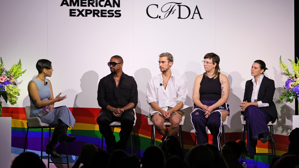 NEW YORK, NEW YORK - JUNE 20: (L-R) Sarah Burke, LaQuan Smith, Christian Cowan, Becca McCharen and Daniella Kallmeyer participate in a conversation about fashion, culture, and self-expression at the American Express and CFDA Foundation, Inc. ‘Express Yourself’ Pride Panel on June 20, 2023 in New York City. (Photo by Theo Wargo/Getty Images for American Express & CFDA)