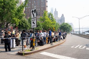 Street style at Comme des Garcons Sample Sale in New York.