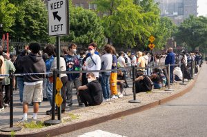 Street style at Comme des Garcons Sample Sale in New York.
