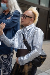 Street style at Comme des Garcons Sample Sale in New York.