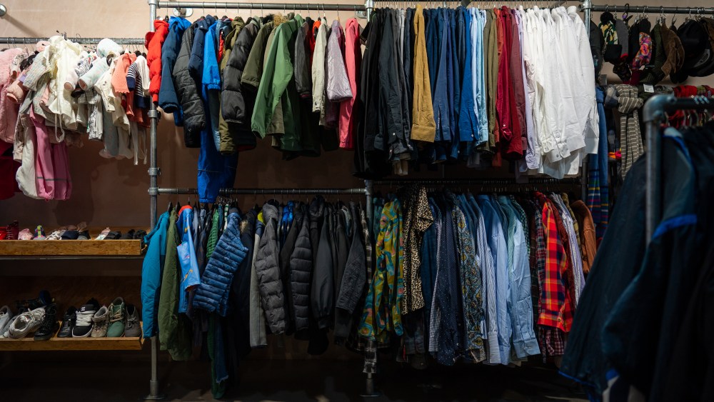 Clothes for sale at the Traid Charity Shop, Dalston, east London.