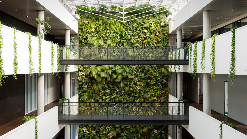 A glass walkway with lush green backdrop showcasing OTB Group's airy headquarters.