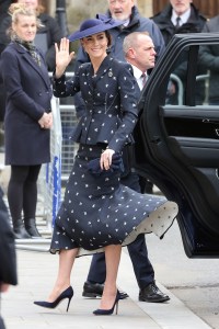 For Commonwealth Day, Kate wore a navy Erdem skirt suit with a white floral motif, paired with navy Gianvito Rossi pumps and a clutch by Emmy London.