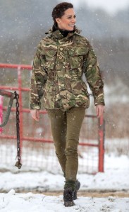 For her first visit to the Irish Guards since being named Colonel of the Regiment, Kate wore a standard issue British Army camouflage jacket over a Holland Copper sweater and olive G-Star Raw pants.