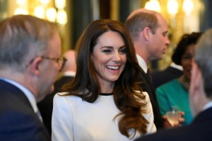 Kate made a cameo in a Eurovision’s Song Contest Final wearing a Jenny Packham gown and the Queen Mother’s Diamond and Sapphire earrings.