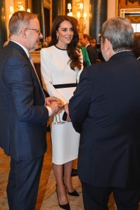 Attending the Realm Governors General and Prime Ministers Lunch, Kate wore a white dress with structured shoulders which featured black bands around the neckline and waist. She accessorized with Aquazzura pumps, a Prada clutch, and the Bahrain Pearl and Diamond drop earrings.