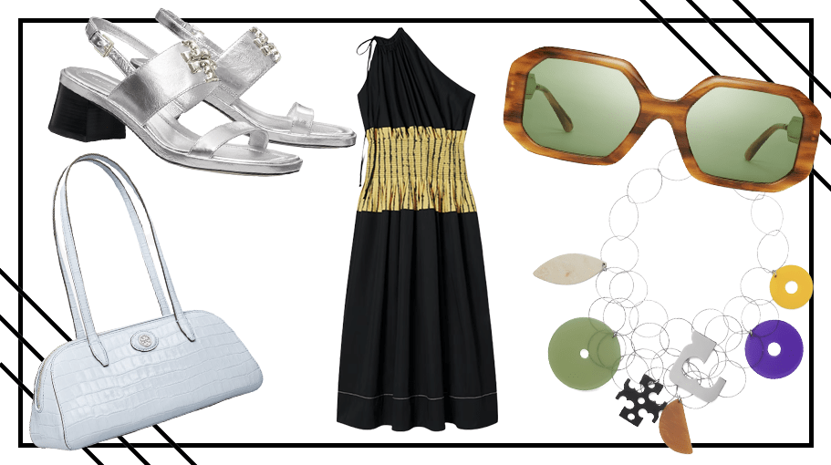 Tory Burch Eleanor Heel Sandal,Tory Burch Colorblock Stripe One-Shoulder Dress, Tory Burch Kira Rectangular Sunglasses,  Tory Burch Robinson Embossed Wedge Bag, Tory Burch Abstract Resin Necklace