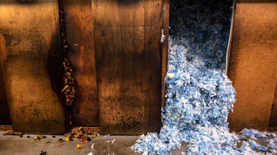 Waste product at the Carloway Mill near Garenin on the Isle of Lewis, Scotland, by producers of Harris Tweed, hand woven by local weavers.