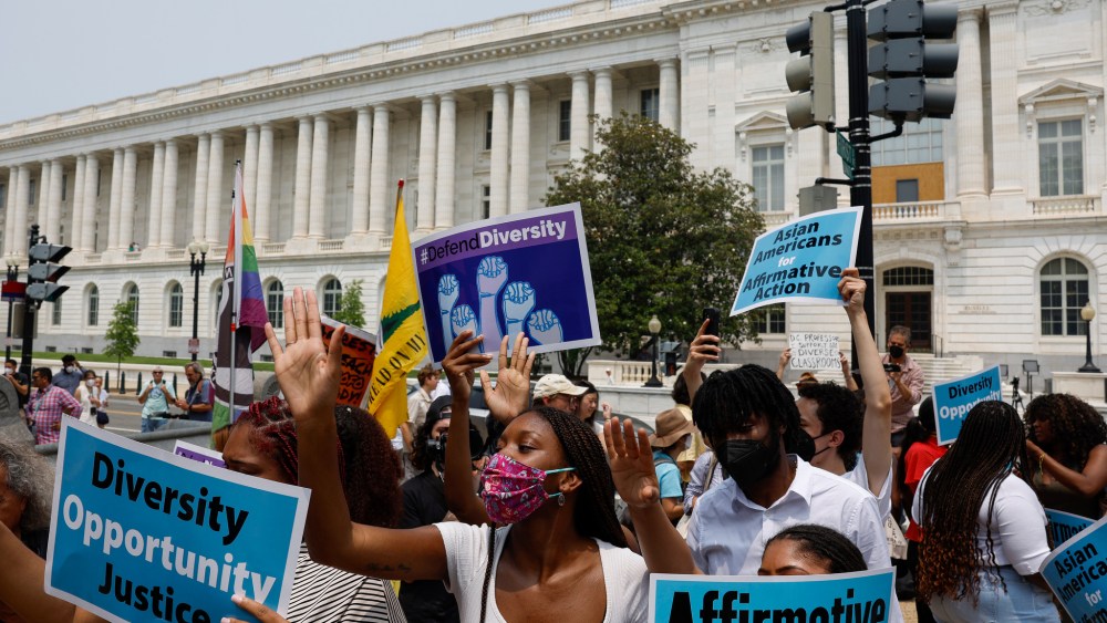 Supporters of affirmative action protest near the U.S. Supreme Court Building on Capitol Hill on June 29, 2023 in Washington, DC.