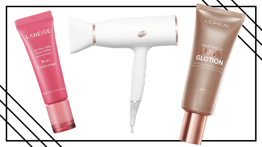 lip balm, hair dryer, face makeup