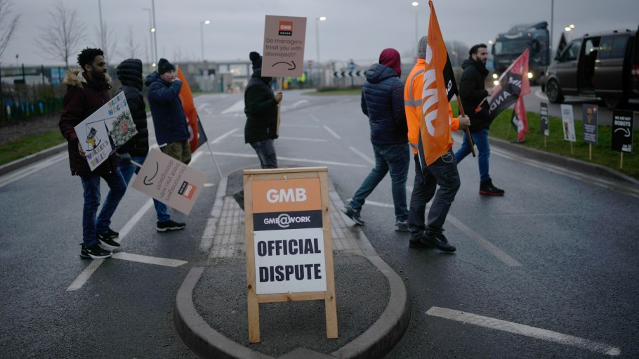 Amazon union workers holding a strike outside the company's fulfillment center on Jan. 25, 2023 in Coventry, England.