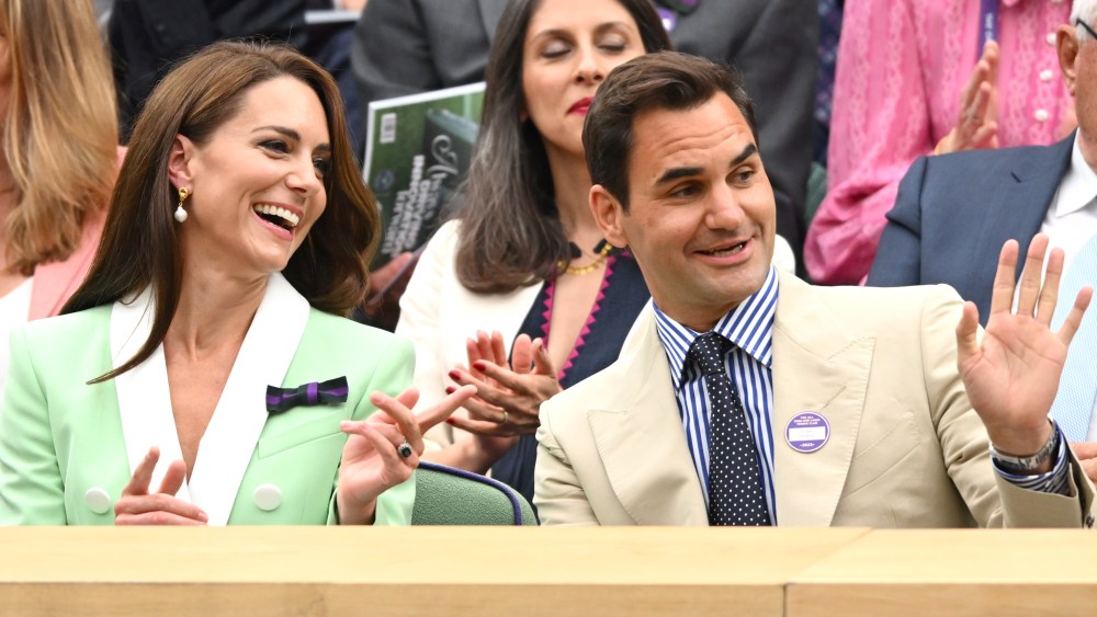 LONDON, ENGLAND - JULY 04: Catherine, Princess of Wales and Roger Federer court side on day two of the Wimbledon Tennis Championships at the All England Lawn Tennis and Croquet Club on July 04, 2023 in London, England. (Photo by Karwai Tang/WireImage)