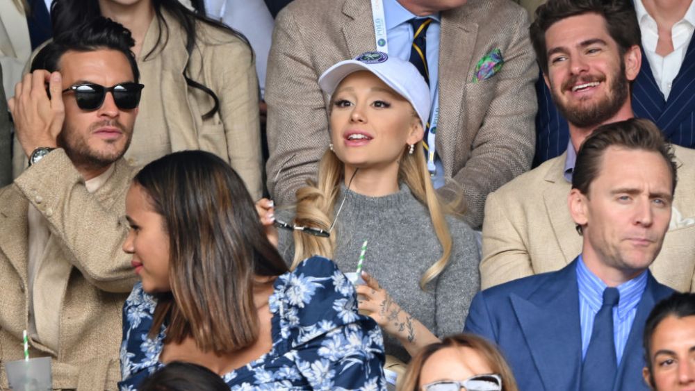 Jonathan Bailey, Ariana Grande and Andrew Garfield during day fourteen of Wimbledon on July 16 in London.