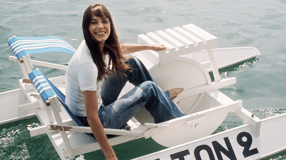 Jane Birkin on a white pedalo
