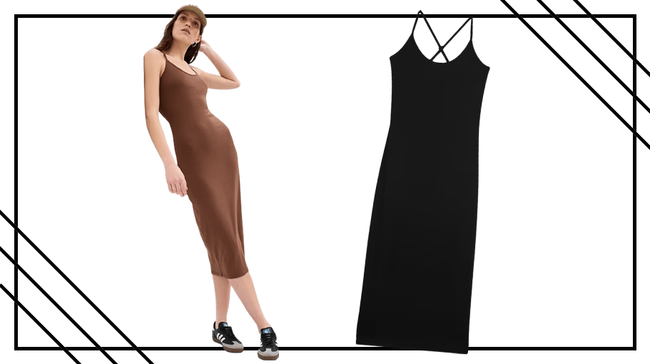 woman in brown dress; black slip dress