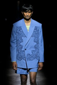 Model on the runway at the TAAKK Spring 2024 Menswear Collection Runway Show at La Maison des Métallos on June 25, 2023 in Paris, France.