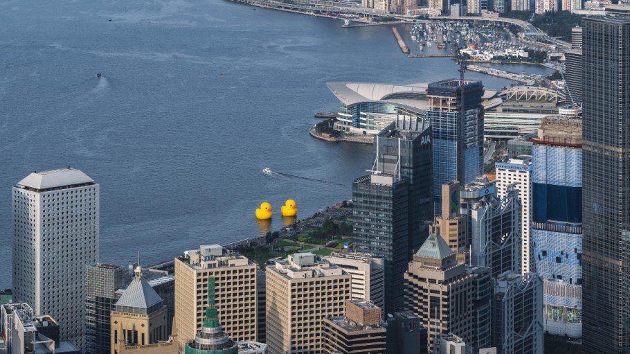 Giant rubber duckies in Hong Kong water.