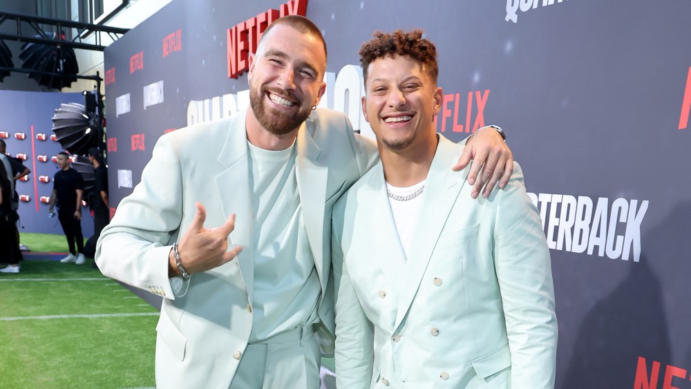 LOS ANGELES, CALIFORNIA - JULY 11: (L-R) Travis Kelce and Patrick Mahomes attend the Netflix Premiere of "Quarterback" at Netflix Tudum Theater on July 11, 2023 in Los Angeles, California. (Photo by Randy Shropshire/Getty Images for Netflix)
