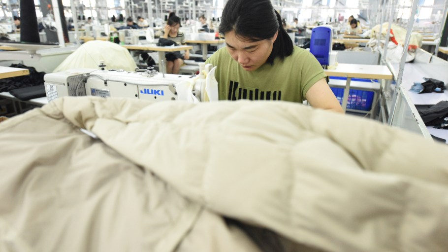 LIANYUNGANG, CHINA - JUNE 27, 2023 - A worker works on an assembly line to produce garments for export orders in Lianyungang, East China's Jiangsu province, June 27, 2023.