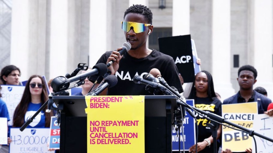 Derrick Lewis, from the NAACP's Youth and College division, joins student loan borrowers at the Supreme Court to push again for student debt forgiveness.