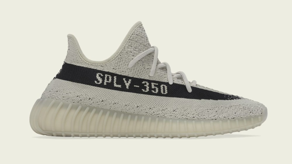 The lateral side of the Adidas Yeezy Boost 350 V2 "Slate."