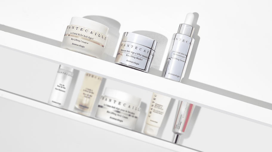 skin care products on a white shelf