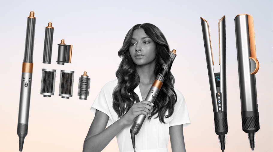 Dyson hair tools and woman using hair tool