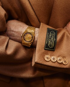 Audemars Piguet’s Royal Oak Jumbo extra-thin yellow gold with smoked yellow-gold-toned “petite tapisserie” dial. Reference: 16202ba.Oo.1240ba.02