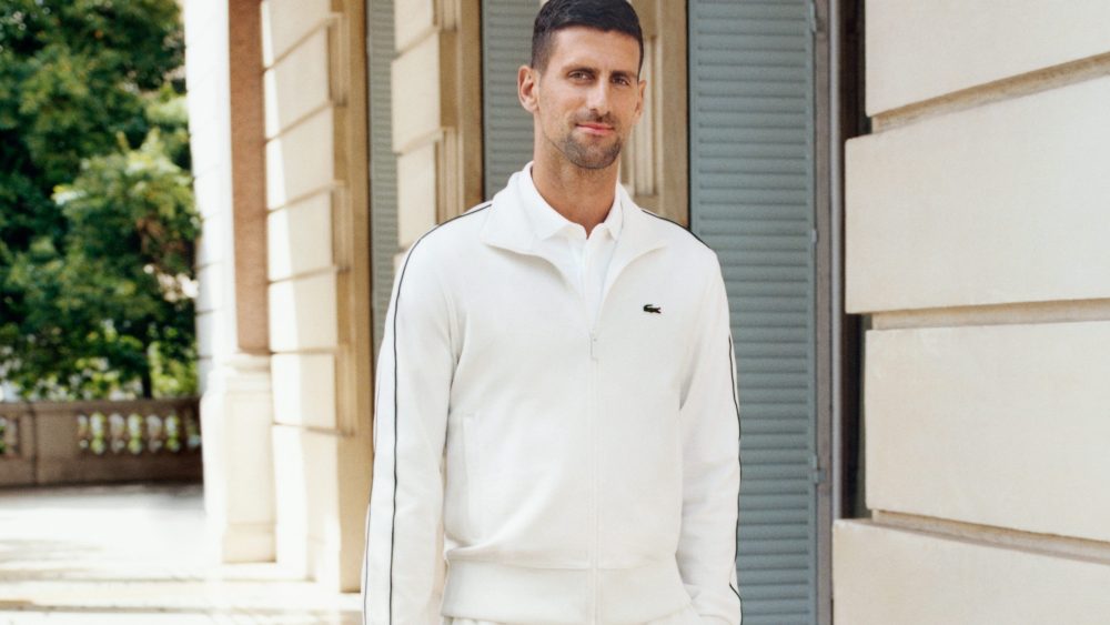 Novak Djokovic starring in Lacoste's latest campaign, wearing the Paris tracksuit.