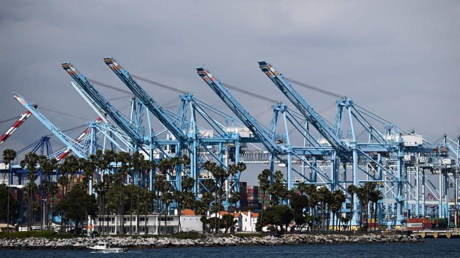 The Port of Los Angeles, seen here, moved 684,291 20-foot equivalent units (TEUs) in July, down roughly 26.9 percent from last year as cargo shipments declined compared to last year’s record month.