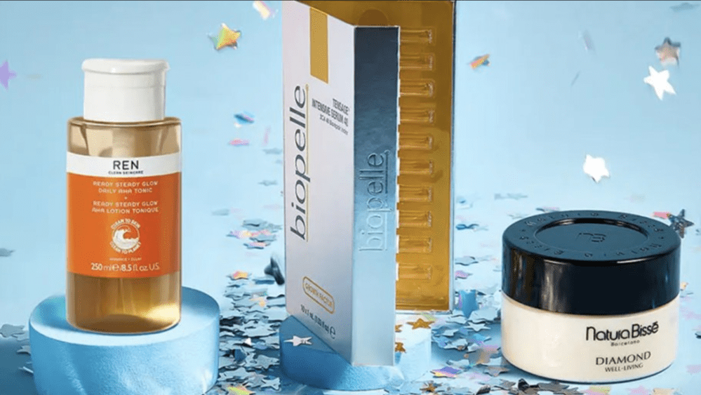 skin care products on blue background